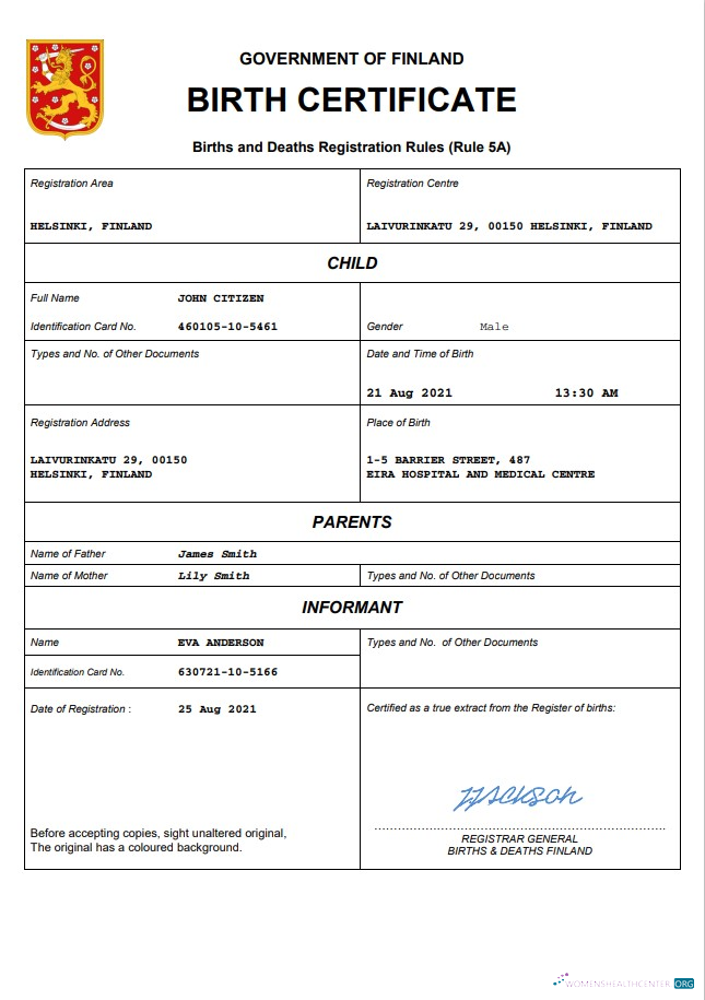 Download Finland vital record birth certificate Word and PDF template Photoshop template